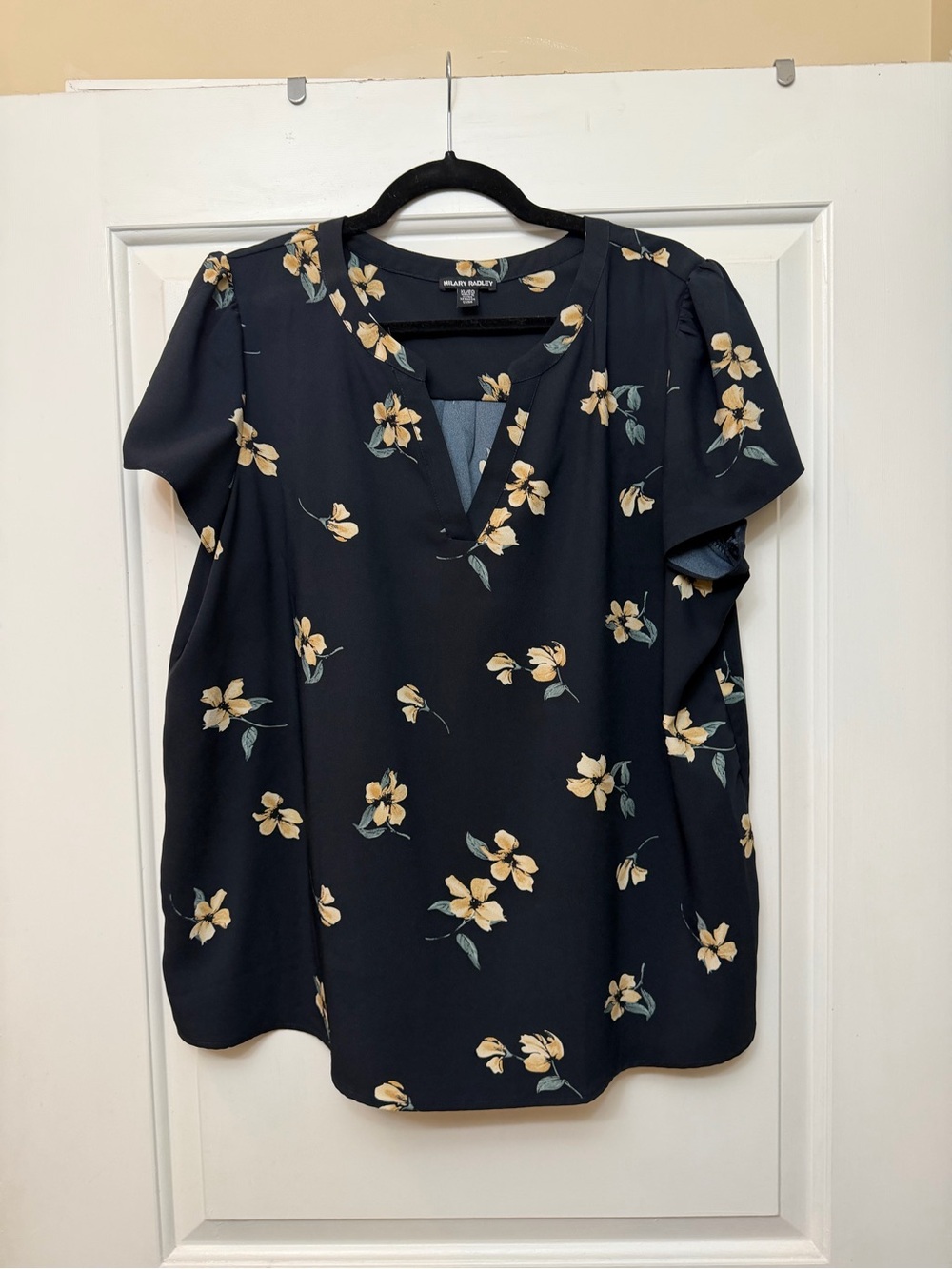 Hilary Radley Navy Floral V-Neck Blouse with Yellow Blossoms